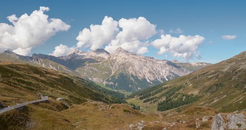 Beautiful Switzerland mountain landscape timelapse. View to the Switzerland side of Splügen (Spluga) pass, canton of Graubunden, Switzerland