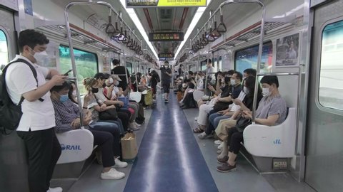 Seoul, South Korea - 2020 - Koreans taking public subway transportation during Covid-19