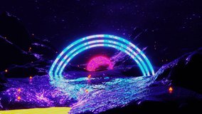 Retro cosmos galaxy planet with neon arcades. 3D render animation. Lanscape in cosmos or galaxy, space 80s style wireframe for VJ DJ music background. Digital geometric abstract synthwave