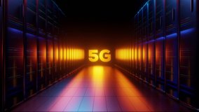 5G Network and data servers in a dark server room. Forward Dolly Shot ending in 5G text. - Powered by Shutterstock - Get 15% off with code: PIKWIZARD15