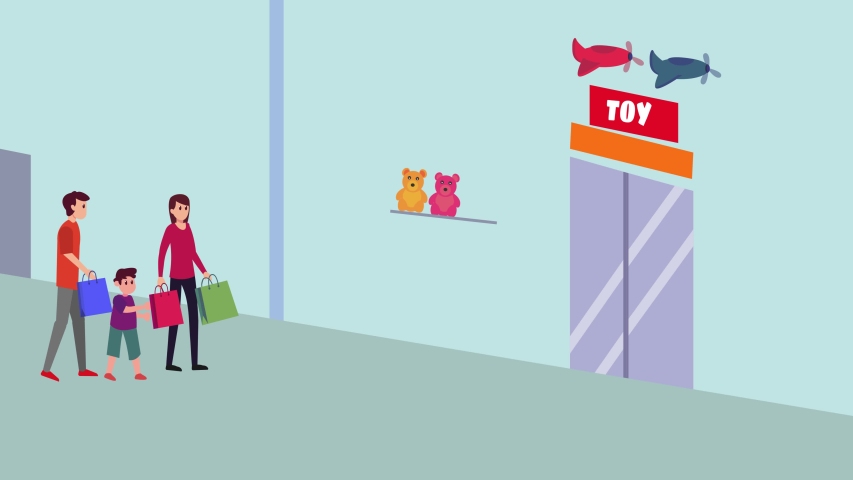 Little boy animation walking toward a door of toys store while shopping with his parents in the mall. Shot in 4k resolution Royalty-Free Stock Footage #1058060095