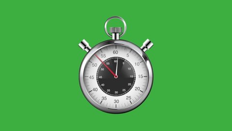 Old stopwatch time clock in green screen ,timer , minutes , seconds watch on chroma key,  one minute , old style watch count down counter old style