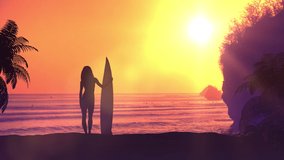 Surfer with a board on a sunset background. 3d render
