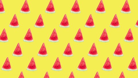 seamless pattern with many red ripe watermelon slices animated on a yellow background. realistic 3d food. advertising concept with copy space