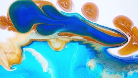 Fluid art drawing video, modern acrylic texture with colorful waves. Liquid paint mixing artwork with splash and swirl. Detailed background motion with golden, white and navy blue overflowing colors.