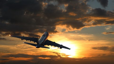 Plane Flies Away Against Time-Lapse Sunset Background. Beautiful 3d Animation. Ultra HD 4K 3840x2160