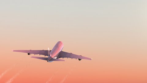 Airplane Takes Off Against Morning Dawn Background. Beautiful 3d Animation. Ultra HD 4K 3840x2160