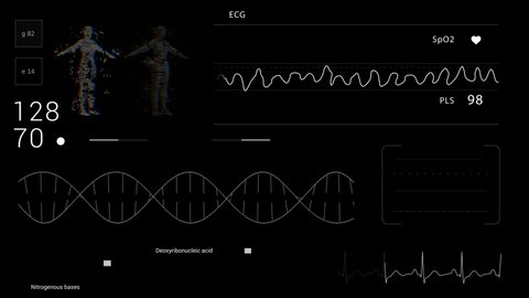 Technological HUD for medicine and science.3D human.DNA.Cardiogram monitor.ECG Vfib.Heart beat line.Medical Institute students.2D graphic.Black and white for alpha luma channel.