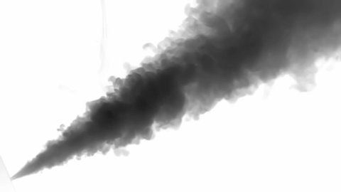 Jet of black smoke on a white background. CO2 pollutant emission the atmosphere in infrared camera