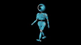 Humanoid robot walking on black background. 3D Render of futuristic model of high technological robot with human motions. Isometric view. Loop video.