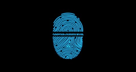 Animation of blue glowing digital fingerprint being scanned on black background. Online security concept digitally generated image.