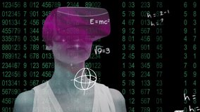 Animation of woman wearing VR headset with mathematical data processing on black background. Virtual reality science mathematics data processing digital composite. - Powered by Shutterstock - Get 15% off with code: PIKWIZARD15