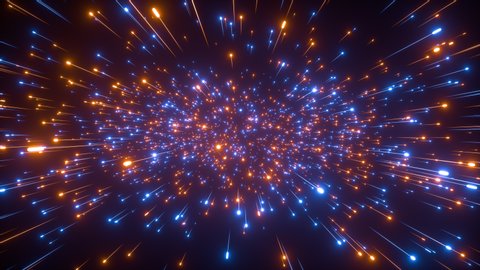 Abstract creative cosmic background. Hyper jump into another galaxy. Speed of light, neon glowing rays in motion. Beautiful fireworks, colorful explosion, big bang. Moving through stars. Seamless loop