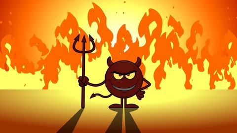 Red Devil Cartoon Emoji Character Holding A Pitchfork Over Flames. 4K Animation Video Motion Graphics With Raging Flames Background