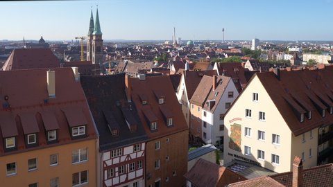 NUREMBERG, GERMANY - SEPTEMBER 2019: Panoramic view on old city and houses of Nurmberg city, Germany. Nuremberg is famous German city and travel destination.