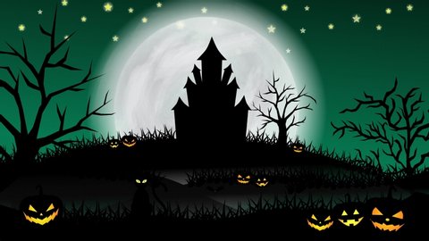 Halloween animation with the concept of green night, moon, shining stars, flying witch, bats, ghosts, animated trees, grasses, haunted castle, and scary pumpkins. Halloween animation