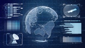 3D Blue digital HUD Earth world information scanning hologram user interface background. Military and Space technology concept. Futuristic environment and economic. 4K motion graphic footage video - Powered by Shutterstock - Get 15% off with code: PIKWIZARD15