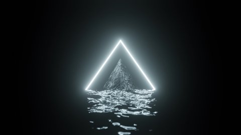 3d render, glowing neon light pyramid above dark water, blank space, disco, esoteric energy, abstract background