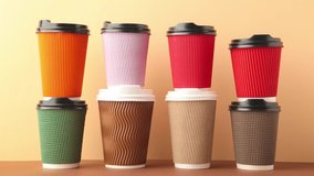 A lot of disposable cups for coffee and tea change places. Nice catering for a coffee shop. Video footage stop motion. Beige background. - Powered by Shutterstock - Get 15% off with code: PIKWIZARD15