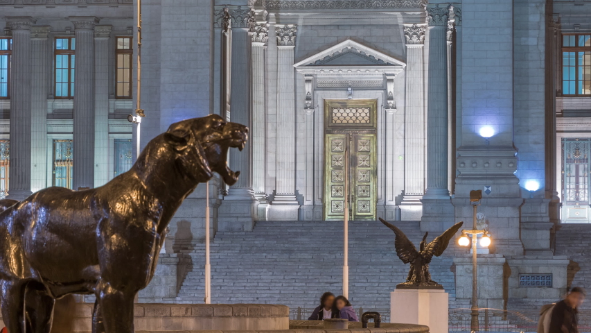 The Palace of Justice of Lima night timelapse. It is the main seat of the Supreme Court of Justice of the Republic of Peru and symbol of the Judicial Power of Peru. Panther and eagle statues