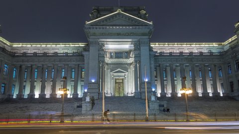 The Palace of Justice of Lima night timelapse hyperlapse. It is the main seat of the Supreme Court of Justice of the Republic of Peru and symbol of the Judicial Power of Peru.