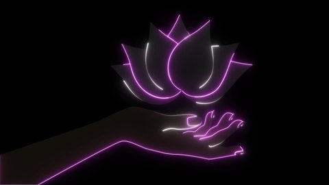 Close-up of tender neon female hand with pink nails holding lotus flower isolated on black background. Tenderness, healthcare, yoga, harmony, spiritual development. Glowing neon animation
