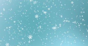 Falling snowflakes on blue background, winter snow. Seamless 4K loop video animation.
