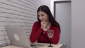 Attractive woman get a holiday gift by post delivery, celebrate alone at home on self isolation, online distance meeting and date on quarantine, surprise