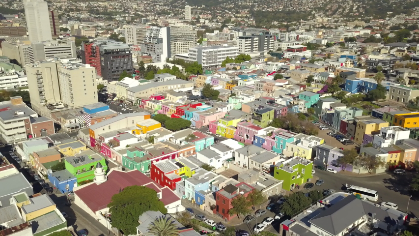 Scenic aerial wide drone shot above central Cape Town, South Africa with scenic view of harbor and downtown business area. Panoramic view of Bo-Kaap, Zonnebloem, Oranjezicht and Table Mountain