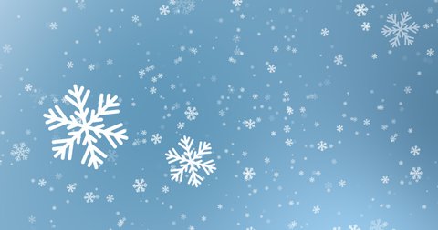 Falling snowflakes on blue background, winter snow. Seamless 4K loop video animation.