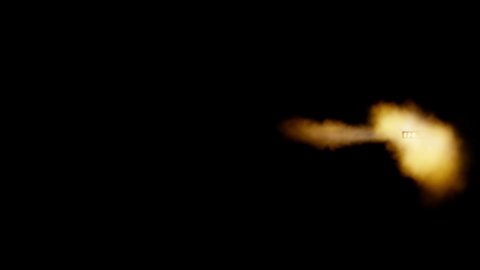 A muzzle of .338 rifle ricocheting off a black background seen from side from the Ricochet collection - Muzzle Flash Video Element.
