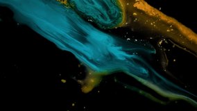 A river of blue abstract element flowing diagonally push away golden particles on dark background from the Nephos collection - Space Background Video Element.