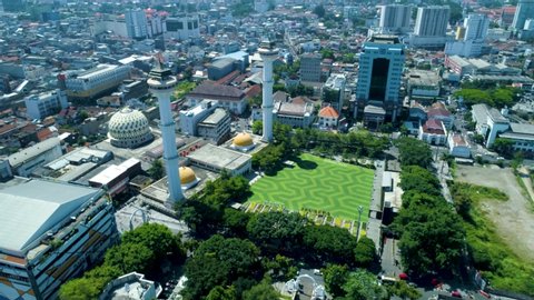 Aerial View of City Square (Alun-Alun) Bandung and Great Mosque, An Icon in the Downtown, West Java, Indonesia, Asia