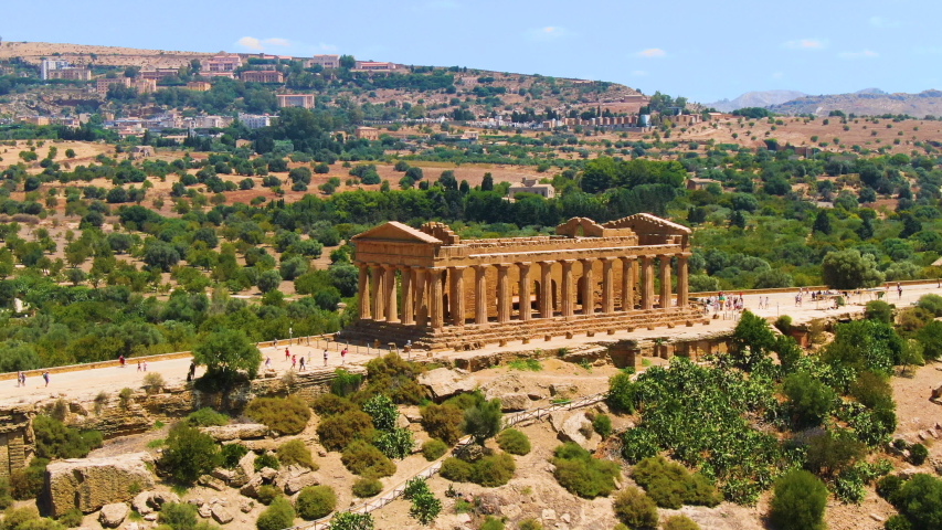 Ancient Greek temple in the Valley of the Temples or Valle dei Templi in Sicily. Aerial drone footage
