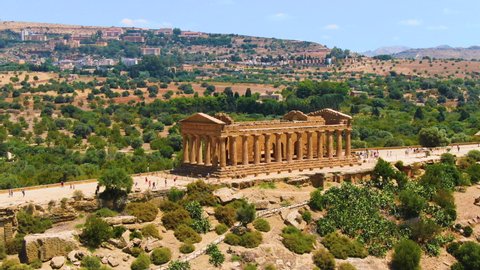 Ancient Greek temple in the Valley of the Temples or Valle dei Templi in Sicily. Aerial drone footage