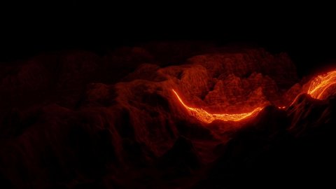 Red orange glowing digital radar scanner sweeping across rocky terrain in dark