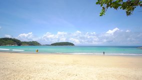 Phuket, Thailand. Summer Day Beach And Sea. Landscape view of beach sea sand and sky in summer day. Beach space area. At Naiharn Beach, Phuket, Thailand. 3840x2160P 4K UHD. Video Clip