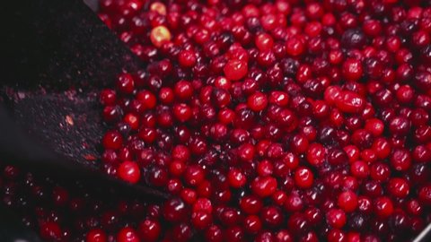 Lots of frozen cranberries are mixed with a scoop Slow motion