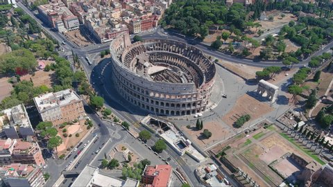 Aerial  view of Rome, ancient city center excavation site with ruins of antique Rome - cityscape panorama of Italy from above, Europe