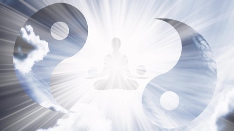 Creative 4K parallax video of the sky with moving clouds and sunlight, silhouette of a man with arms spread apart in a lotus position, flying in light against the background of the Yin-Yang symbol.