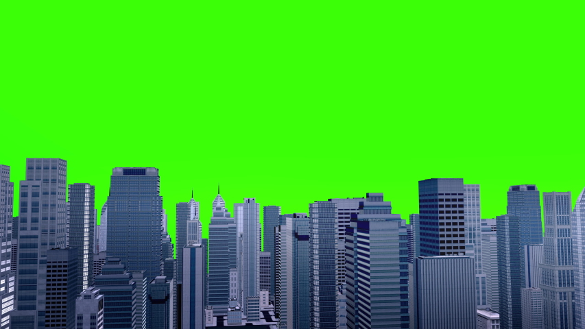 Aerial view of skyscrapers and buildings in skyline, day light Camera moving around buildings with a vertical green screen in tram chroma key with luma white and black key d rendering
