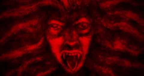 Animation of scary face a vampire woman with flowing hair in front and in profile. Black and red fantasy horror movie. Motion graphics for music clips and VJ loops.