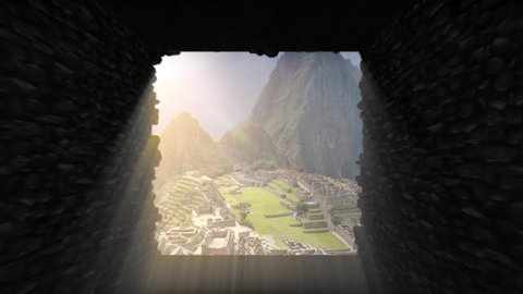Machu Picchu view from tunnel crossing animation