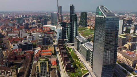 Milan, Italy, 08.31.2020: Aerial view of the promenade of Porta Nuova Varezine. Office buildings. Drone shooting. Modern houses made of glass and concrete. BNP Paribas Leasing Solutions building