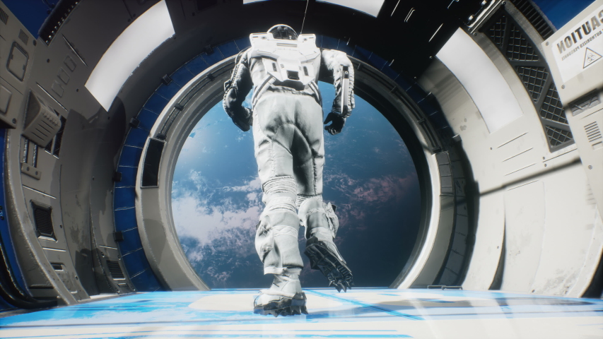 An astronaut jumps out of a spaceship into outer space. The animation is designed for fantastic, futuristic or space travel backgrounds. Royalty-Free Stock Footage #1058192059