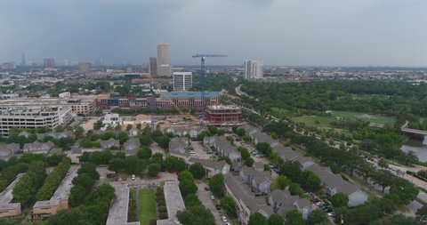 Aerial view of city of Houston landscape near the Buffalo Bayou. This video was filmed in 6k and down scaled to 4k
