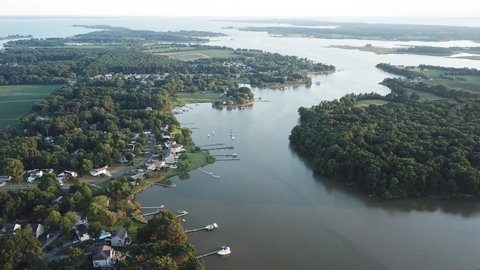 Chesapeake Bay, Kent Island, Maryland USA, Aerial View of Lagoon With Houses and Boating Docks