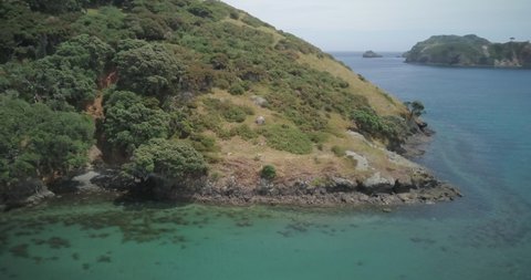 Aerial Panning Orbit of Lush Green Vegetation on Island Headland