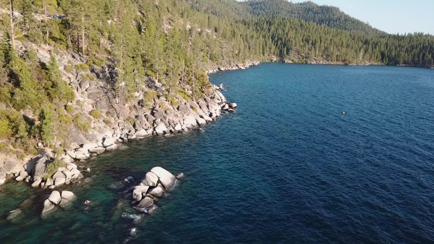 Lake Tahoe, Sierra Nevada, USA. Aerial View on Rocky Coast With Conifer Trees and Blue Alpine Water