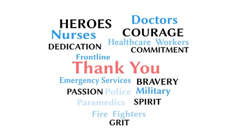 Thank you wordcloud for coronavirus covid-19 to nurses doctors healthcare and frontline workers heart shape with text for bravery and courage 4k animation